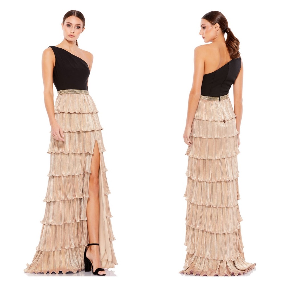 Mac Duggal Black and Gold One Shoulder Dress